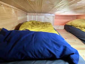 two beds in a tent with a blue blanket at Beaver Tail Cabin in Hereford
