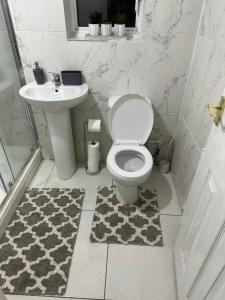 a bathroom with a toilet and a sink at Luxury apartment on Anfield in Liverpool