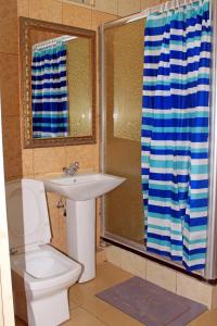 a bathroom with a toilet and a sink and a shower at Fatmols Hotels in Lusaka