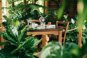 un tavolo in legno in un giardino con piante di Garden Village Bled a Bled