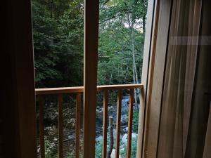 una ventana con vistas a un bosque en inSxvava, en Ambrolauri