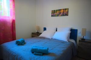 - une chambre avec un lit doté de draps et d'oreillers bleus dans l'établissement Puig Roja del Roser, à Prats-de-Mollo-la-Preste