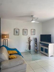 - un salon avec un canapé et une télévision dans l'établissement Villa Albizia 974 avec piscine et spa, à Saint-Pierre