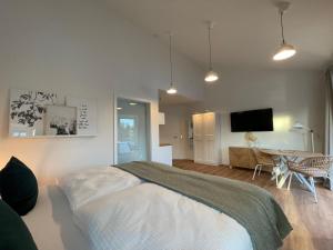 um quarto com uma cama, uma mesa e uma televisão em Moderne neue Apartments zum Wohlfühlen im Boardinghouse bed & butter em Hasbergen