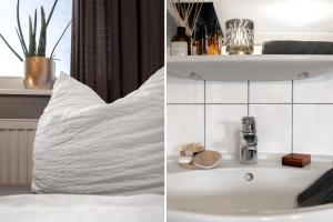 two pictures of a bed with a white pillow and a sink at Pension Haus am Kohfurth in Norderstedt +55 photos