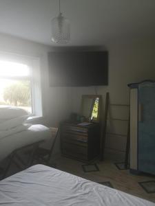 a bedroom with a bed and a dresser and a mirror at Cedar Top in Manston