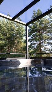 una piscina con una gran ventana y árboles en Czarna Chata II Luxury Resort, en Ropa
