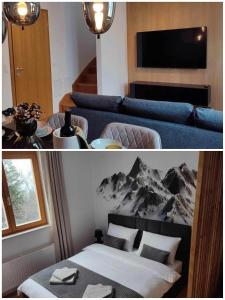 un salon avec un lit et un salon avec une télévision dans l'établissement Pohorje Pearl Lux, 2-Floor Apartment, Ski in, à Hočko Pohorje
