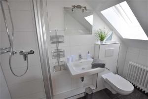 bagno bianco con doccia e lavandino di Ferienwohnung T _ T 2 a Malente