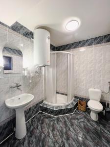 a bathroom with a sink and a toilet and a shower at Domek u Jędrusia in Nowy Targ +14 photos