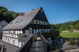 溫特貝格的住宿－Haus zur Mühle，一座黑色和白色的大建筑,设有木坡道