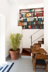 une chambre avec une plante en pot et des escaliers avec des livres dans l'établissement alle Stelle b&b, à Anacapri