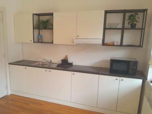 a kitchen with white cabinets and a microwave at Rooms Miklošičeva in Ljubljana +18 photos