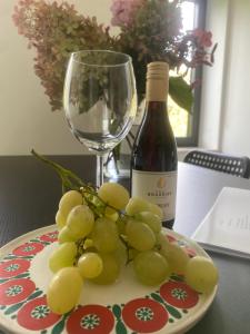 une assiette de raisins et une bouteille de vin sur une table dans l'établissement Nummer 151 villastudios, à Hasselt