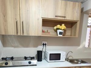 a kitchen counter with a microwave and a sink at Lesedi Guesthouse Middleburg in Middelburg