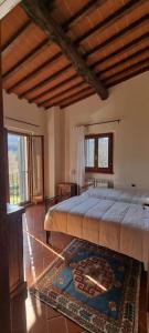 ein Schlafzimmer mit einem großen Bett und einem Teppich in der Unterkunft Fienile panoramico nel Chianti in Greve in Chianti