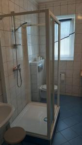 Ferienwohnung Am Wäldchen في يوهانغيورغنشتات: حمام مع دش مع مرحاض ومغسلة