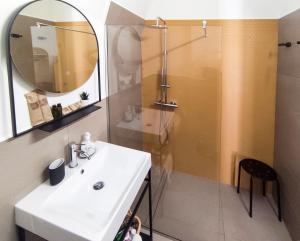a bathroom with a shower and a sink and a mirror at AI PALMENTI B&B in Adelfia