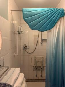 a bathroom with a shower with a blue towel at Tig Monbretia in Dingle
