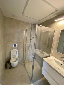 a bathroom with a shower and a toilet and a sink at Diamond House in Eilat