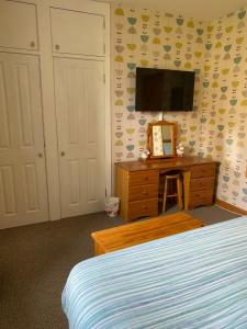 a bedroom with a bed and a dresser with a television at Thurso Bay Holidays in Thurso