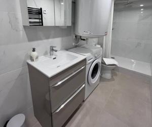 y baño con lavadora y lavamanos. en Le Bayard YourHostHelper en Grenoble