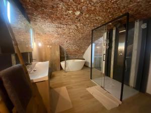 uma casa de banho com um chuveiro, um lavatório e uma banheira em Au Beau Lieu de Metz em Lille