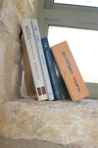 tres libros sentados en una cornisa junto a una ventana en אבן על הנחל, en Merhav Am