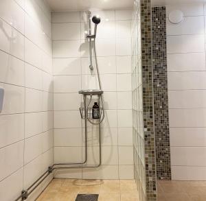 um chuveiro numa casa de banho com uma parede de vidro em Holiday apartment in Vessigebro em Vessigebro