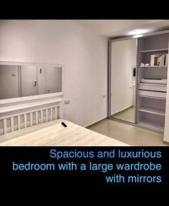 um quarto com um grande roupeiro com espelhos em Sunny Garden. YBG. 1 Bedroom Apt. Quiet em Tel Aviv