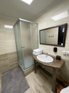 uma casa de banho com um lavatório e um chuveiro em FAMILY apartment em Vinnytsya