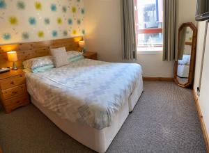 a bedroom with a large bed and a mirror at Thurso Bay Holidays in Thurso