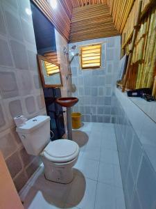 a small bathroom with a toilet and a shower at Bel Ami in Ouidah