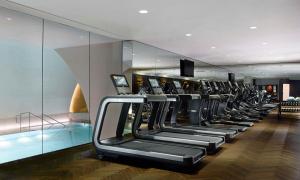 a gym with a row of treadmills and mirrors at Park Hyatt Vienna in Vienna
