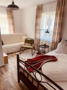 um quarto com uma cama e uma sala de estar em Casa din Poiana Garâna em Garana