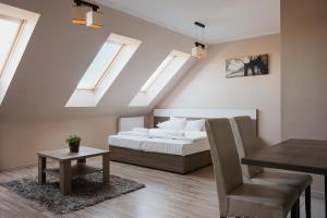 a bedroom with a bed and some skylights at Zafír Apartmanház in Sárvár