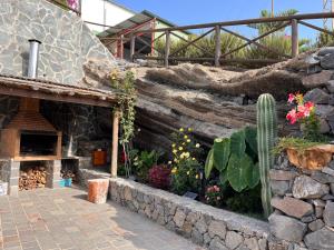een tuin met een cactus en een stenen muur bij Casa Canaria in Telde