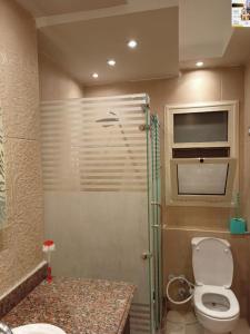 a bathroom with a shower with a toilet and a sink at شقه اكثر روعه فيو بحر مباشر in Alexandria