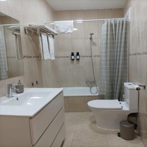 a bathroom with a sink and a toilet and a shower at NUEVO Apartamento Centro Lleida in Lleida