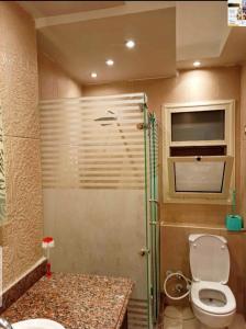 a bathroom with a shower and a toilet and a sink at شقه اكثر روعه فيو بحر مباشر in Alexandria