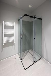 uma cabina de duche em vidro num quarto com uma janela em EcoDor em Orhei
