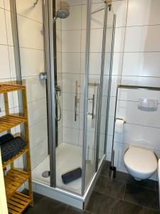 a shower stall in a bathroom with a toilet at ERSTAY - bis zu 5 Personen I Balkon in Marl