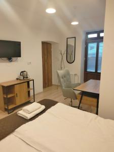 a bedroom with a bed and a table and a television at Pokoje U Filipa in Krakow