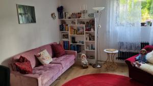 ein Wohnzimmer mit einem rosa Sofa und einem roten Teppich in der Unterkunft Ferienzimmer bei Thomas in Ulm