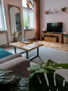 a living room with a couch and a coffee table at Apartament Mickiewicz - Center in Słupsk +39 photos