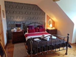a bedroom with a bed with red pillows at Forest View Dunmore Galway H54P897 in Dunmore