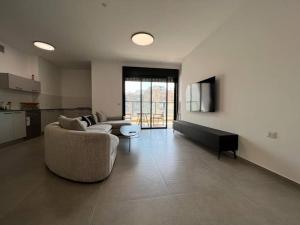 Il comprend un grand salon avec un canapé et une télévision. dans l'établissement Menahem Arber 5 Bedrooms, à Tel Aviv