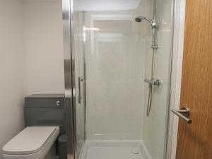 a bathroom with a glass shower with a toilet at Llety Pen Deitsh 2 in Caernarfon +33 photos