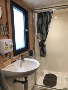 a bathroom with a sink and a shower and a window at Owly 'Ouse in Barnstaple