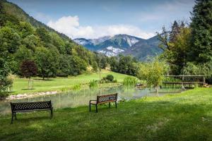 two benches sitting in the grass next to a body of water at La Ferme du Cortet - OVO Network in Thônes